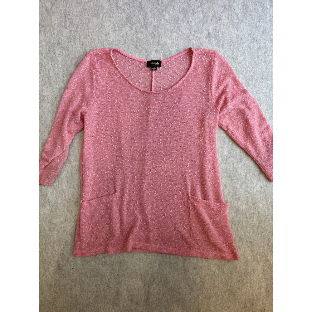 Cal Style USA Pink Textured Knit Scoop Neck 3/4 Sleeve Top with Pockets Large